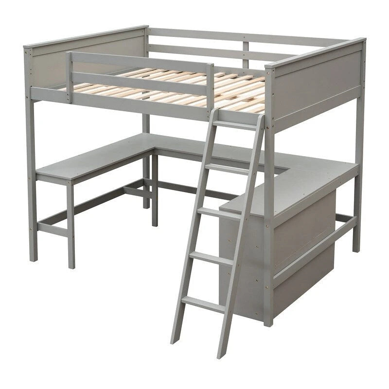 Cama alta de tamaño matrimonial con estantes y escritorio, armazón de cama alta matrimonial de madera con escritorio