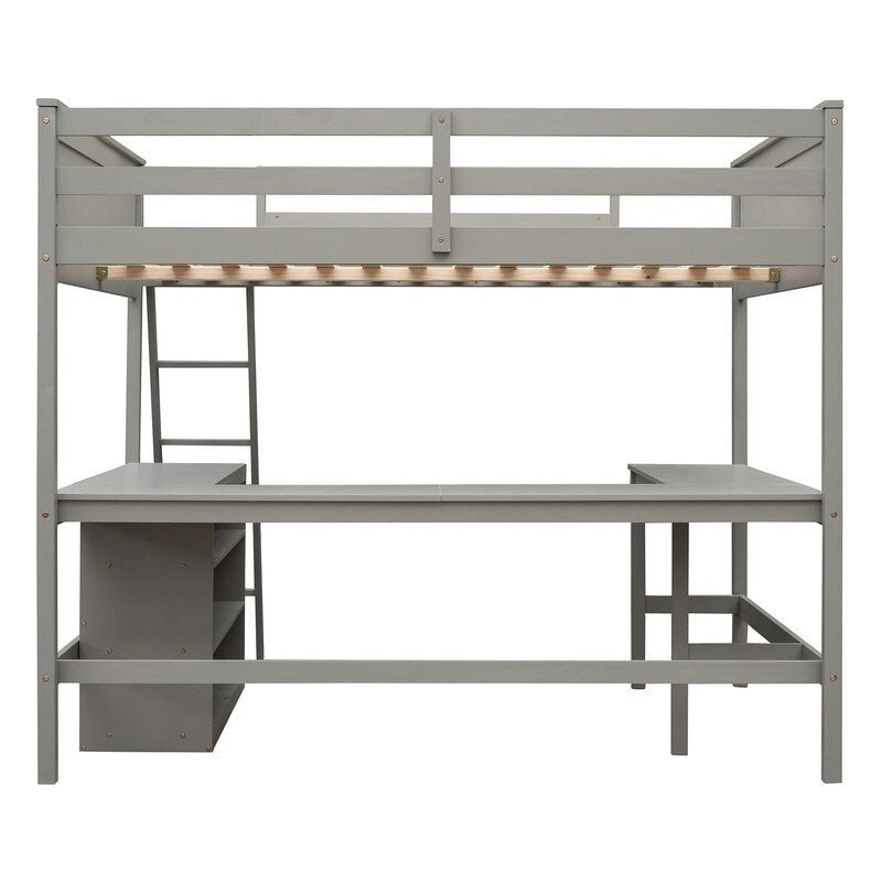 Cama alta de tamaño matrimonial con estantes y escritorio, armazón de cama alta matrimonial de madera con escritorio