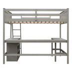 Cama alta de tamaño matrimonial con estantes y escritorio, armazón de cama alta matrimonial de madera con escritorio