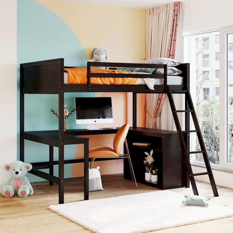 Cama alta de tamaño matrimonial con estantes y escritorio, armazón de cama alta matrimonial de madera con escritorio