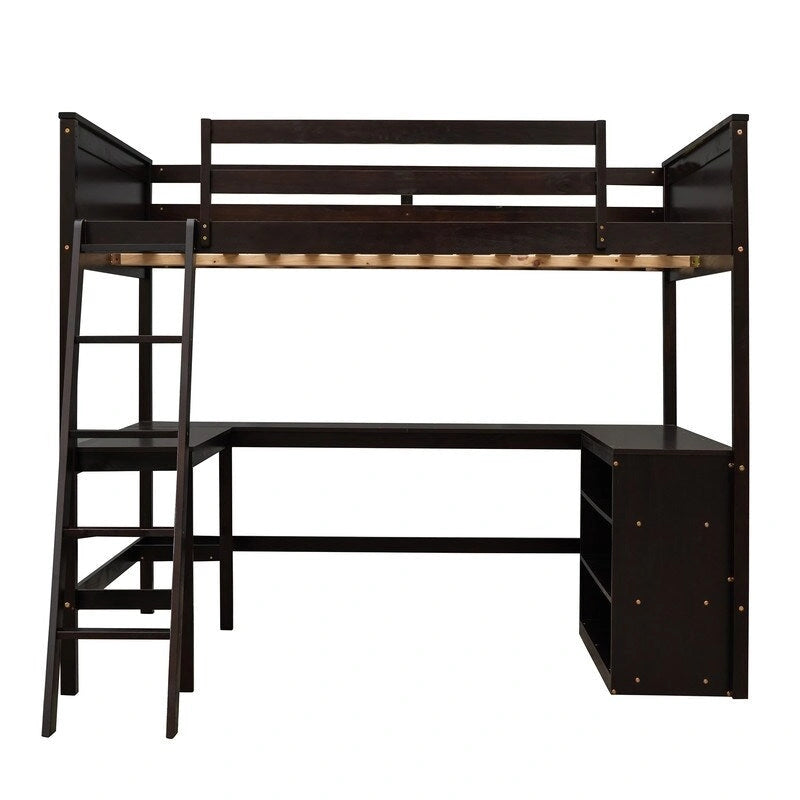Cama alta de tamaño matrimonial con estantes y escritorio, armazón de cama alta matrimonial de madera con escritorio