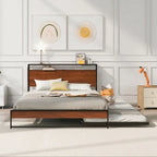 Queen Size Metal Platform Bed with Trundle,USB Ports,No Box Spring Needed