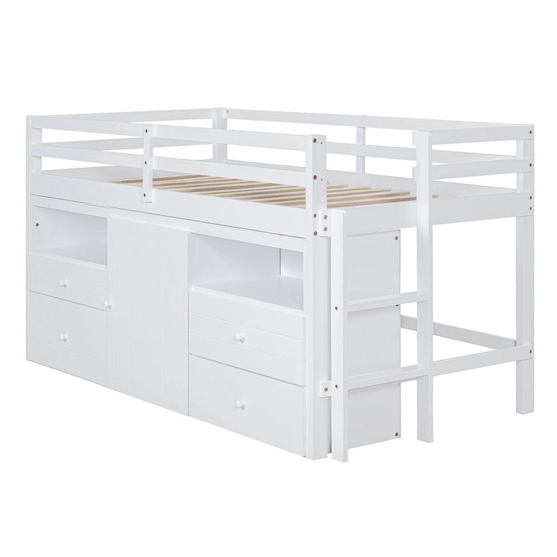 Cama alta individual con 4 cajones, armario inferior y estantes