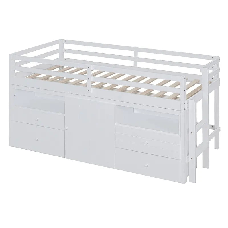 Cama alta individual con 4 cajones, armario inferior y estantes