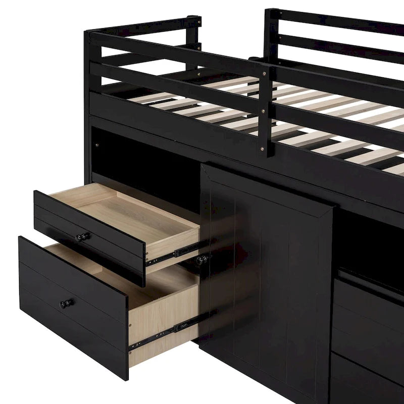 Cama alta individual con 4 cajones, armario inferior y estantes