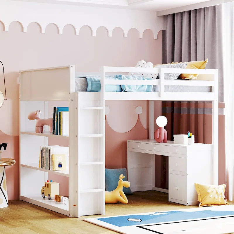 Cama alta con escalera, estantes y escritorio