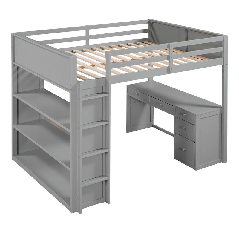 Cama alta con escalera, estantes y escritorio
