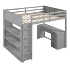 Cama alta con escalera, estantes y escritorio