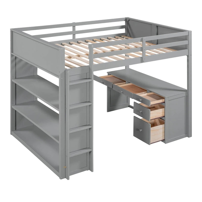 Cama alta con escalera, estantes y escritorio