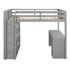 Cama alta con escalera, estantes y escritorio