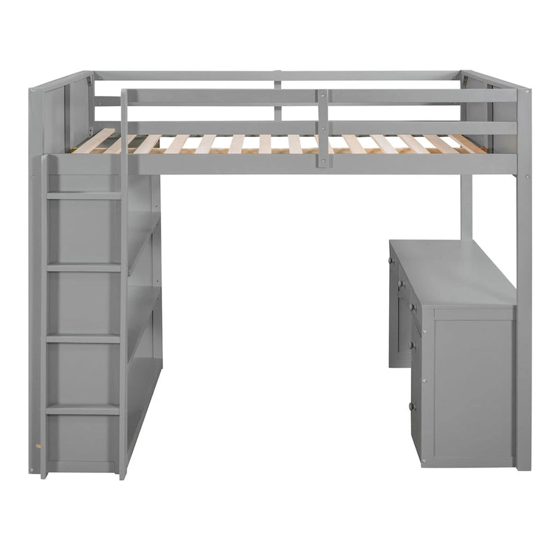 Cama alta con escalera, estantes y escritorio