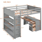 Cama alta con escalera, estantes y escritorio