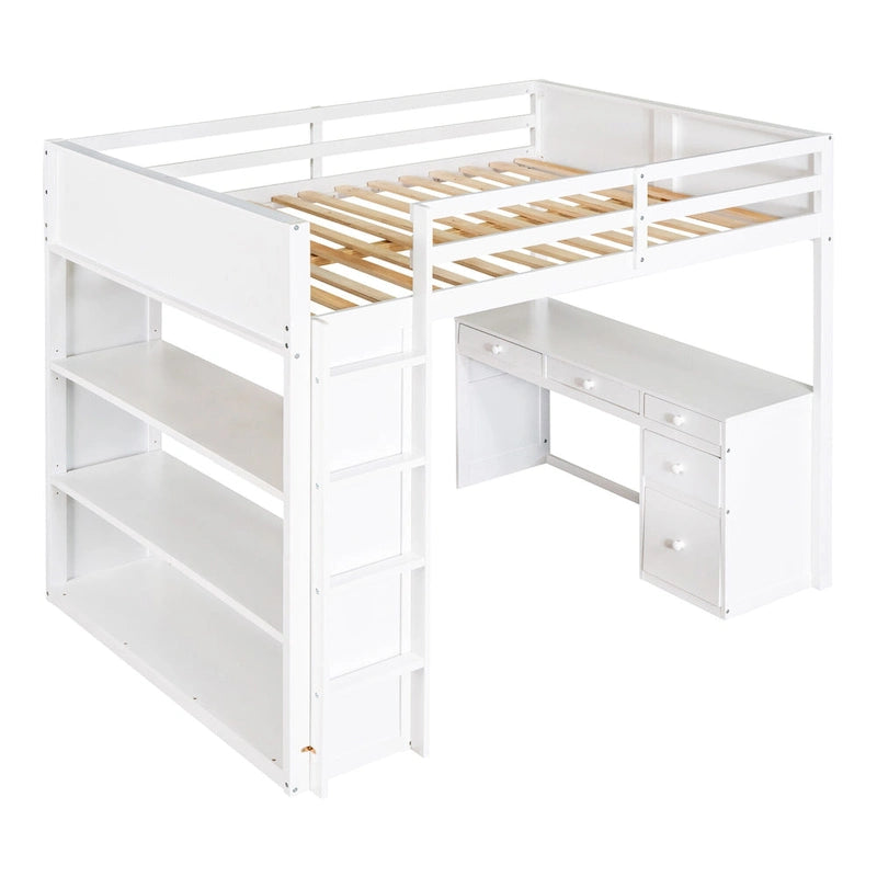 Cama alta con escalera, estantes y escritorio