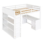Cama alta con escalera, estantes y escritorio