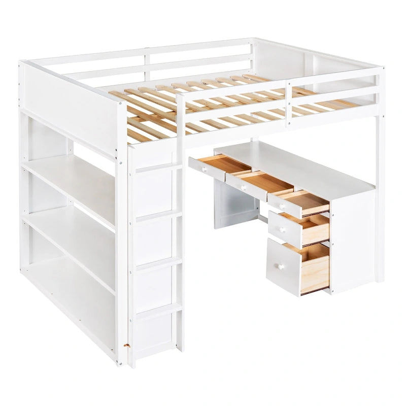 Cama alta con escalera, estantes y escritorio