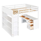 Cama alta con escalera, estantes y escritorio