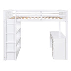 Cama alta con escalera, estantes y escritorio