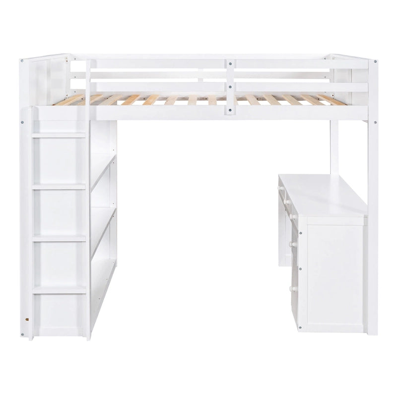 Cama alta con escalera, estantes y escritorio