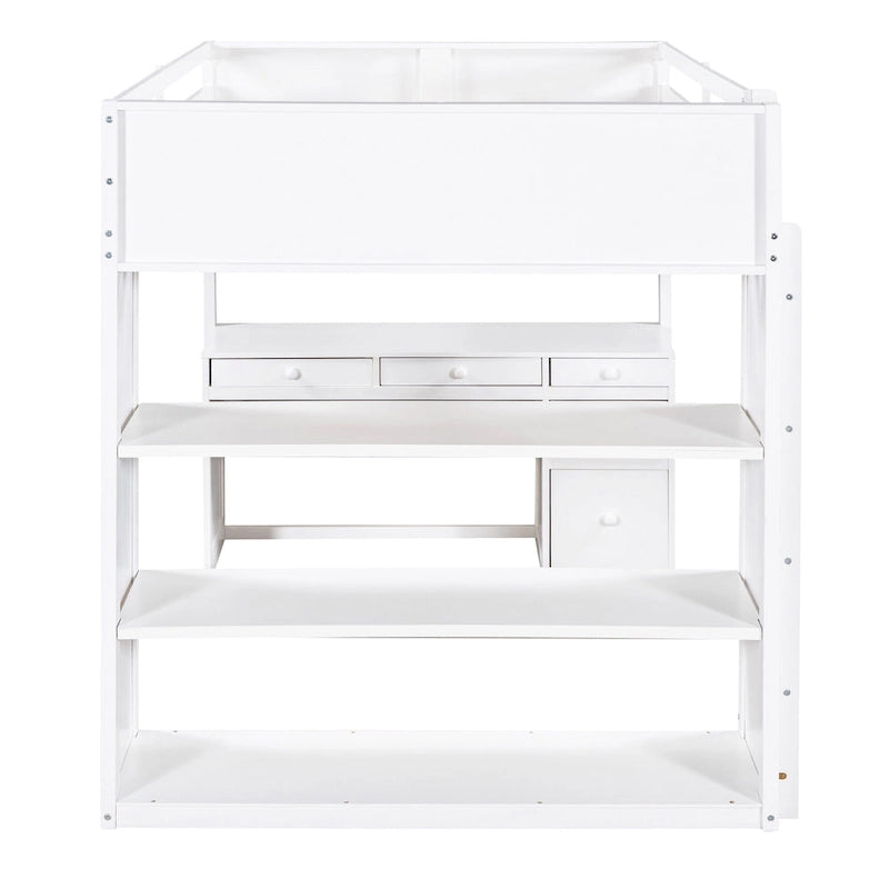Cama alta con escalera, estantes y escritorio