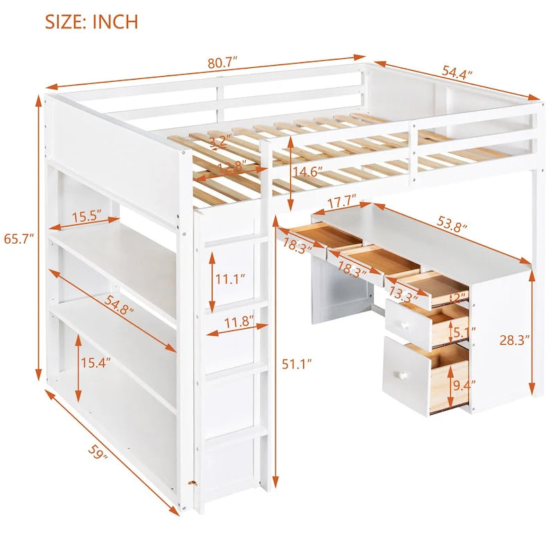 Cama alta con escalera, estantes y escritorio