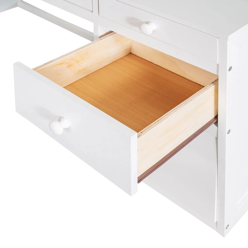 Cama alta con escalera, estantes y escritorio