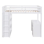 Cama alta con escalera, estantes y escritorio