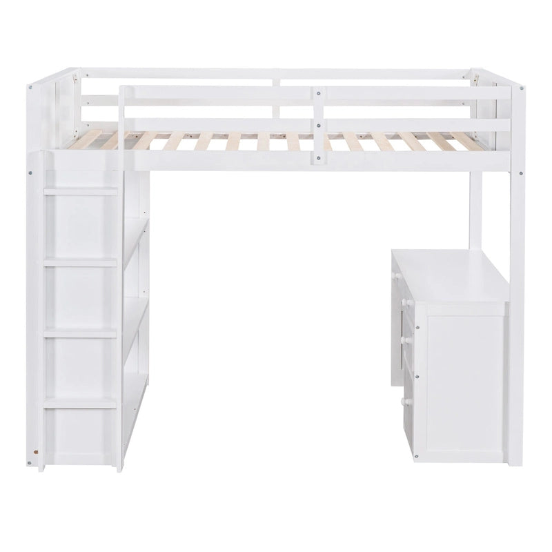 Cama alta con escalera, estantes y escritorio