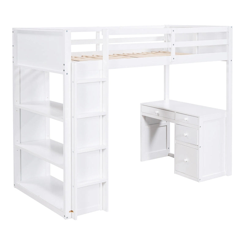 Cama alta con escalera, estantes y escritorio