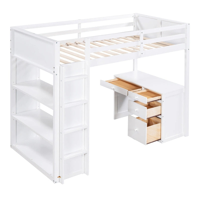 Cama alta con escalera, estantes y escritorio
