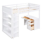 Cama alta con escalera, estantes y escritorio