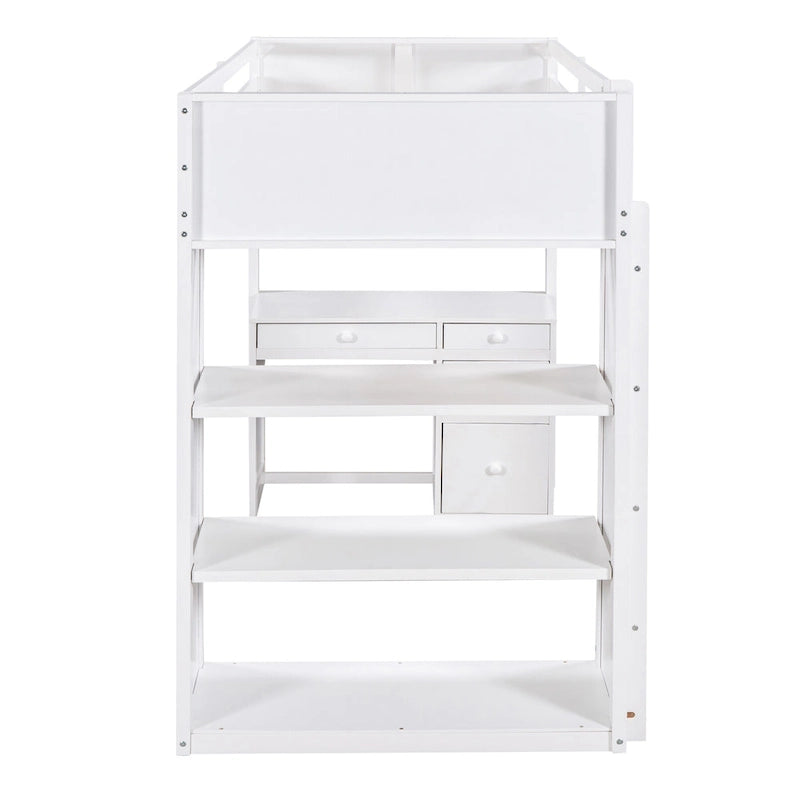 Cama alta con escalera, estantes y escritorio