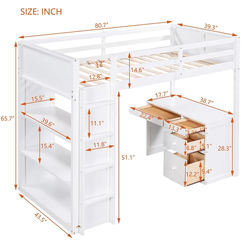 Cama alta con escalera, estantes y escritorio