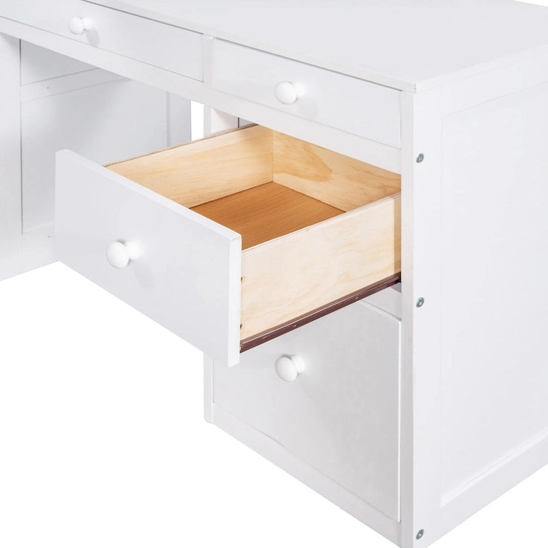 Cama alta con escalera, estantes y escritorio