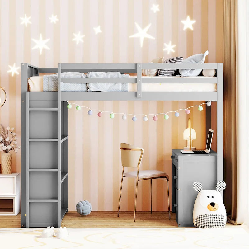 Cama alta con escalera, estantes y escritorio