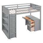 Cama alta con escalera, estantes y escritorio