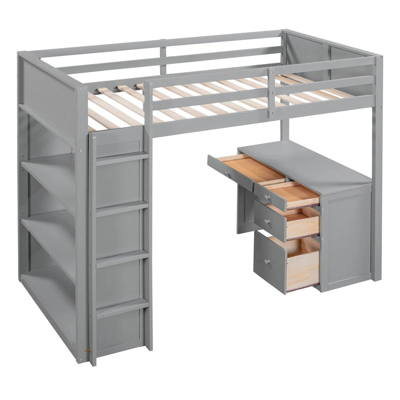 Cama alta con escalera, estantes y escritorio