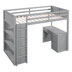 Cama alta con escalera, estantes y escritorio