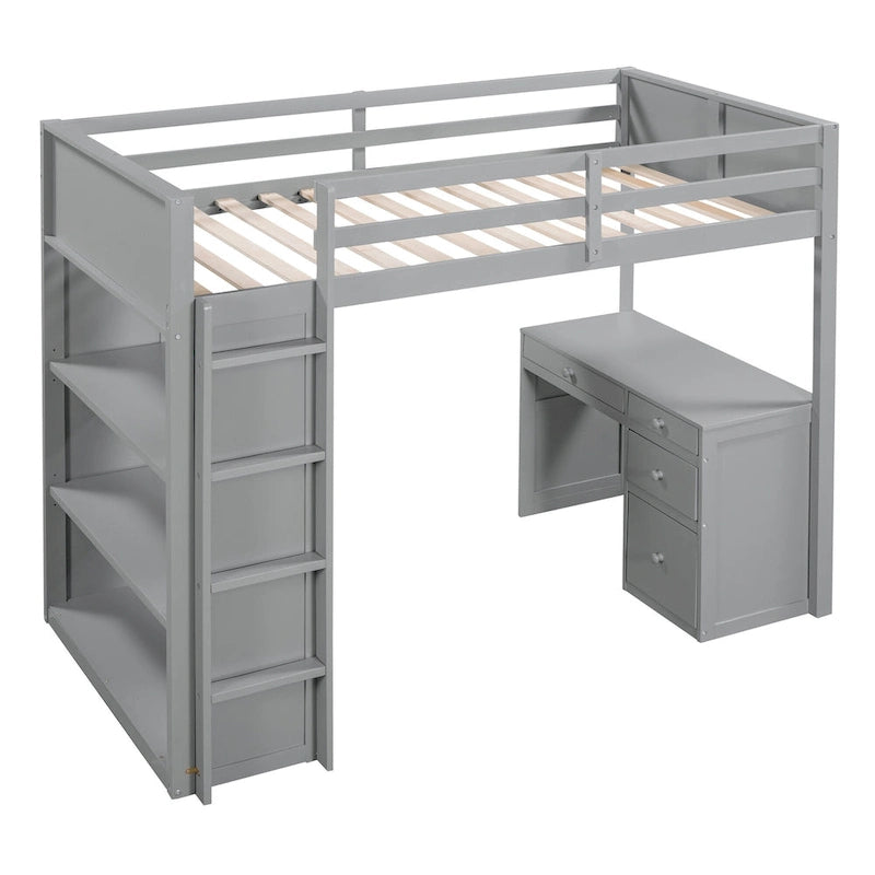 Cama alta con escalera, estantes y escritorio