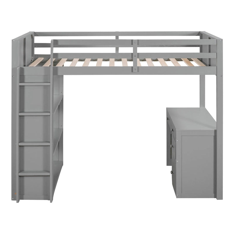 Cama alta con escalera, estantes y escritorio