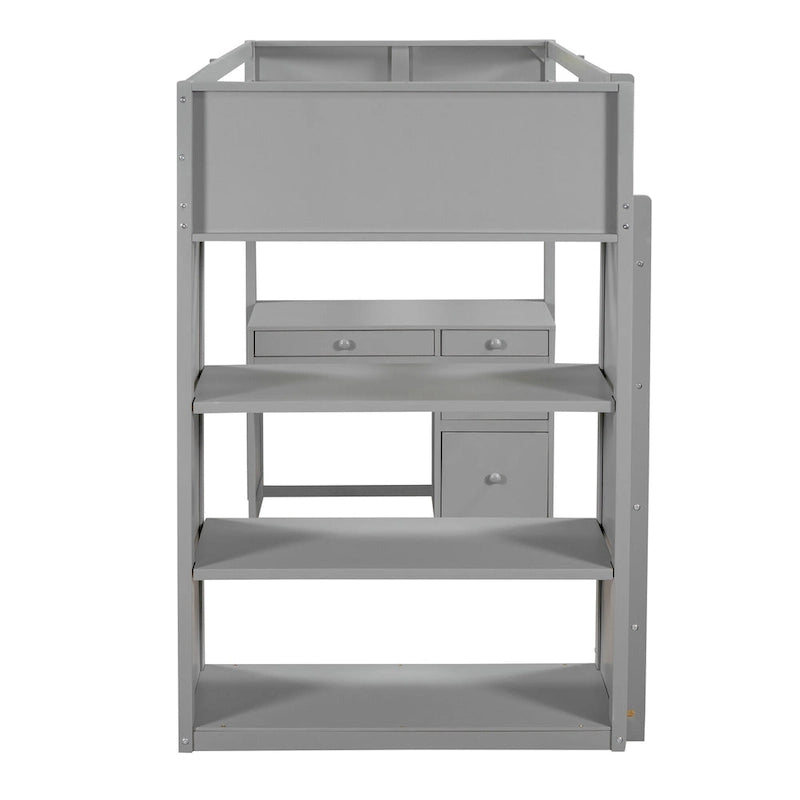 Cama alta con escalera, estantes y escritorio