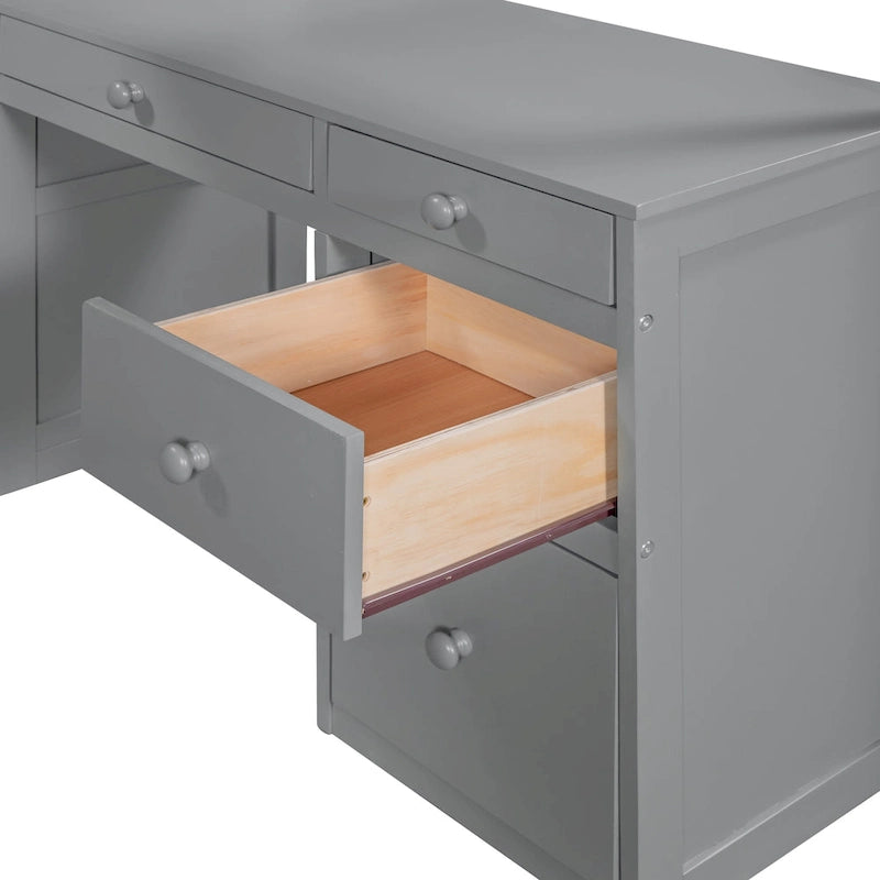 Cama alta con escalera, estantes y escritorio