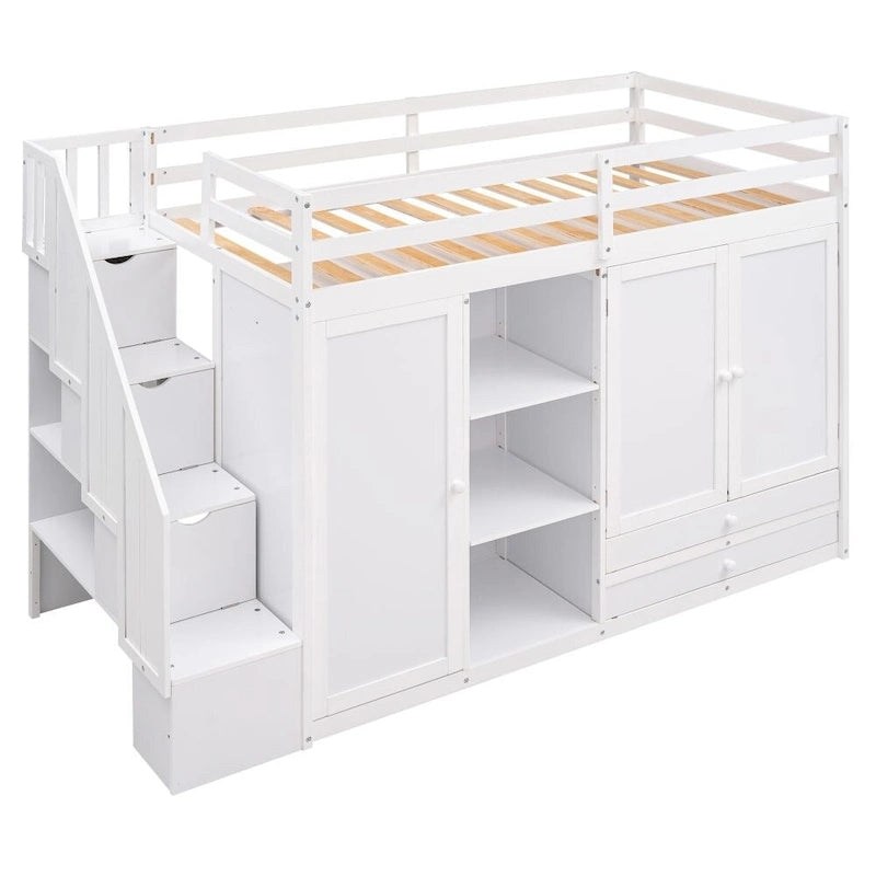 Cama alta funcional con 3 estantes, 2 armarios y 2 cajones, escalera con almacenamiento, no necesita somier