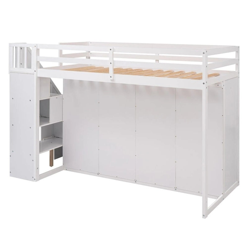 Cama alta funcional con 3 estantes, 2 armarios y 2 cajones, escalera con almacenamiento, no necesita somier