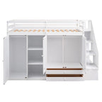 Cama alta funcional con 3 estantes, 2 armarios y 2 cajones, escalera con almacenamiento, no necesita somier