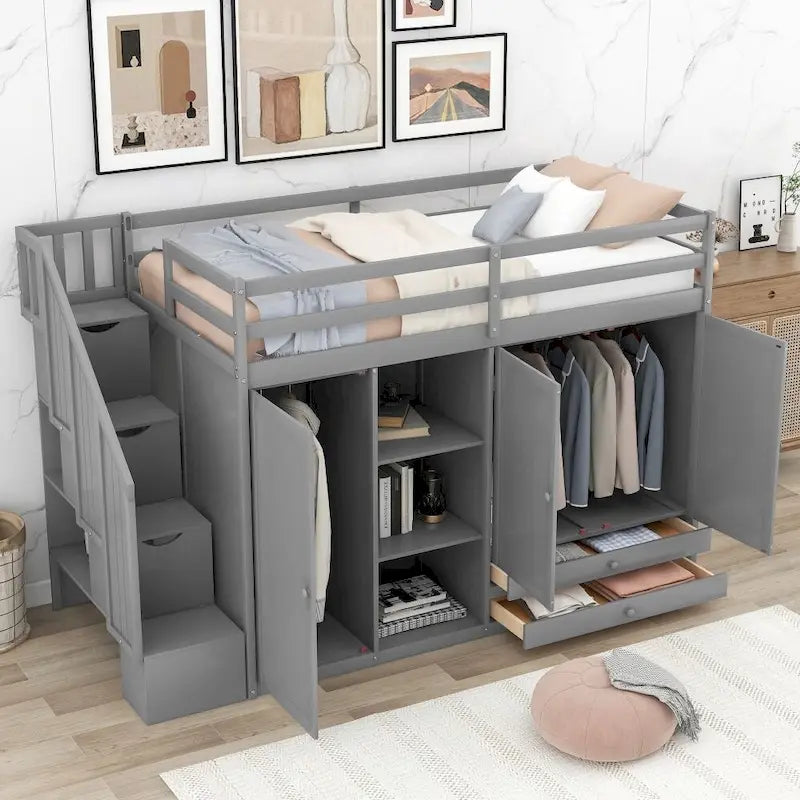 Cama alta funcional con 3 estantes, 2 armarios y 2 cajones, escalera con almacenamiento, no necesita somier