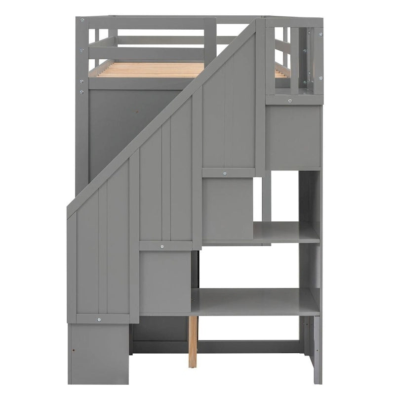 Cama alta funcional con 3 estantes, 2 armarios y 2 cajones, escalera con almacenamiento, no necesita somier