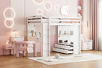 Full Size Loft Bed with Shelves, Drawers,Writing Desk and LED Light