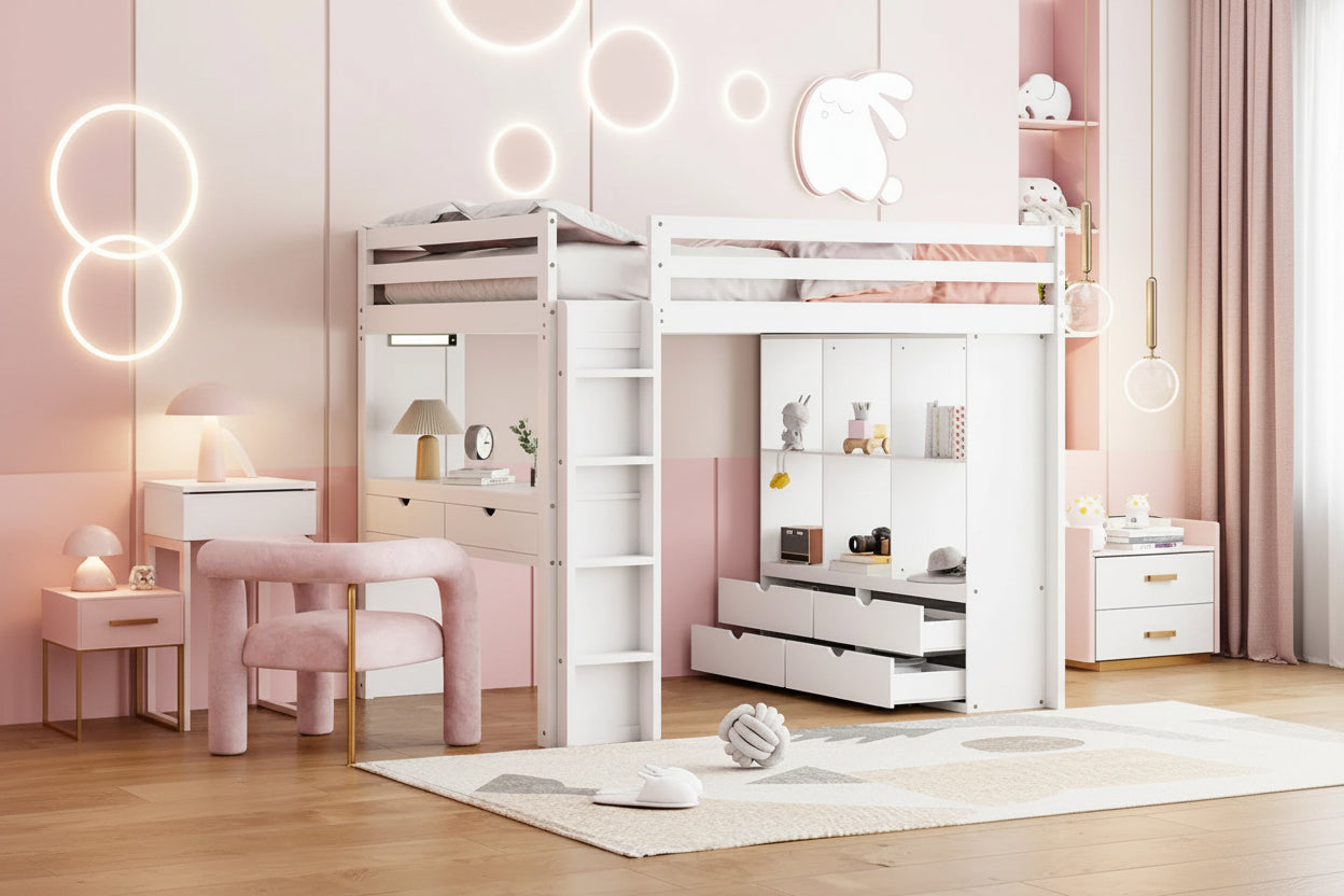 Full Size Loft Bed with Shelves, Drawers,Writing Desk and LED Light