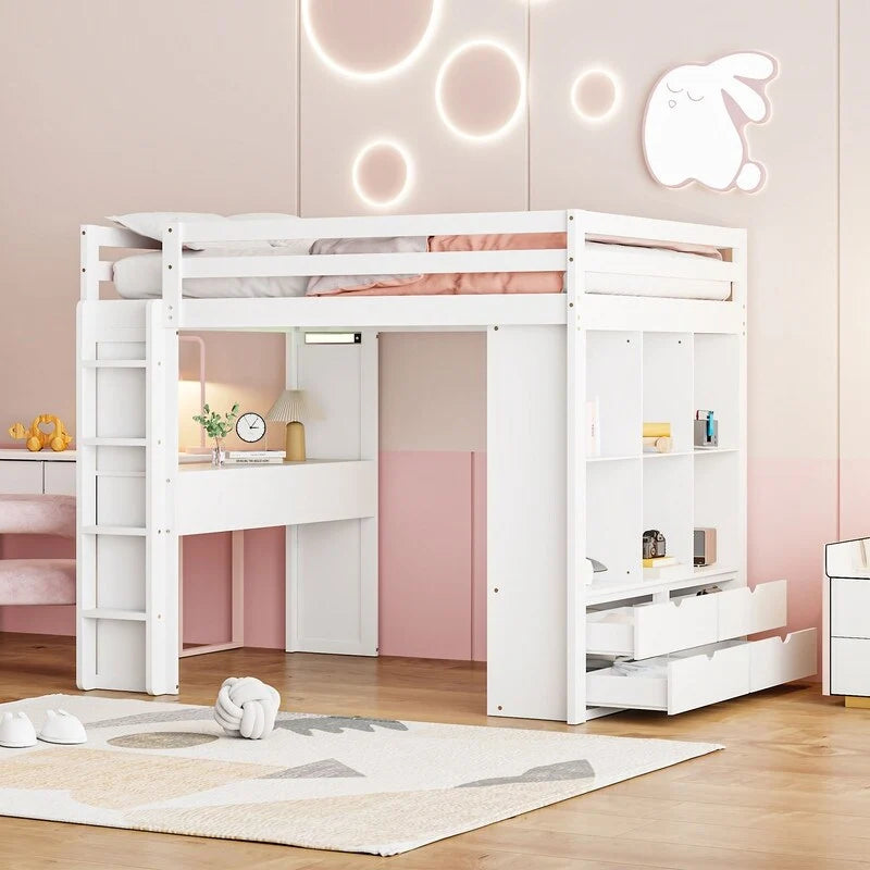 Cama alta de tamaño matrimonial con estantes, cajones, escritorio y luz LED