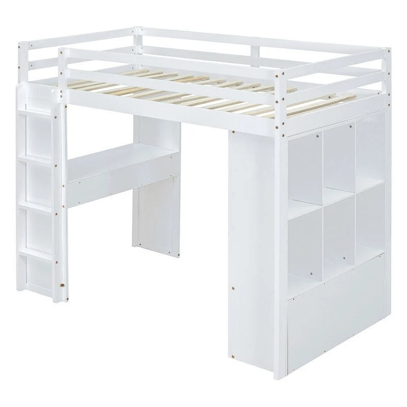 Cama alta de tamaño matrimonial con estantes, cajones, escritorio y luz LED
